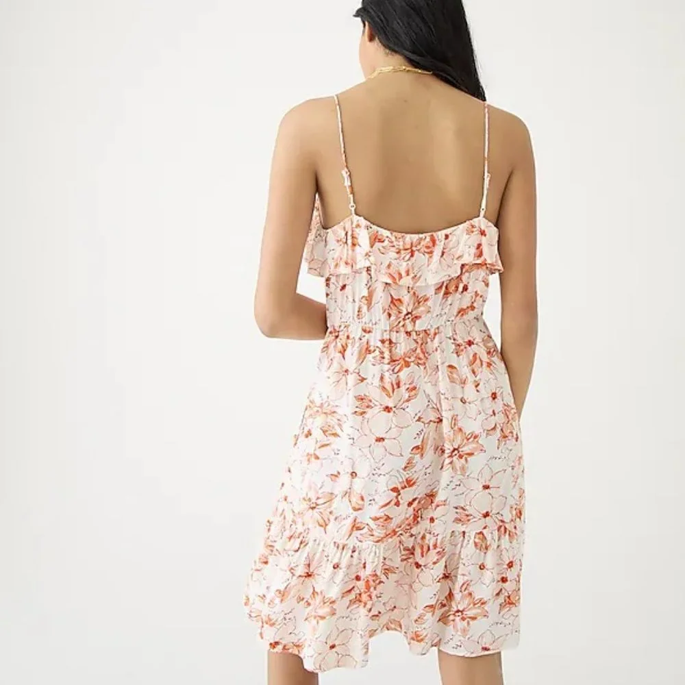 NWT J. Crew Tiered Mini Sundress Orange Floral Ruffle Pockets Adjustable - L